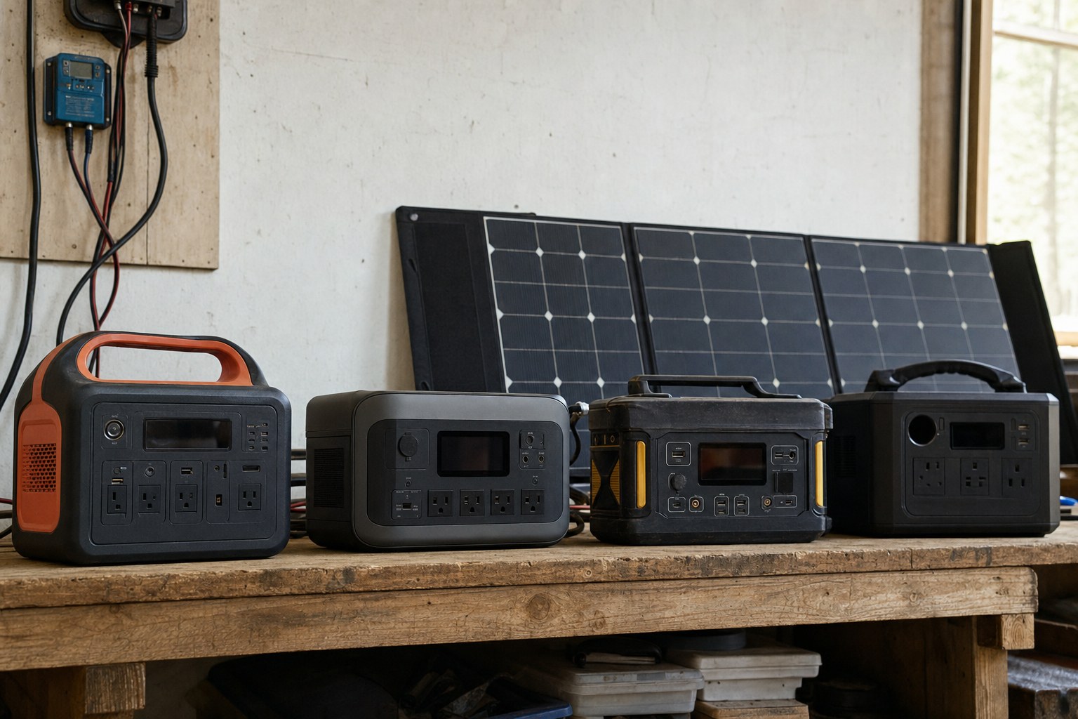 Four different portable power stations lined up on a weathered workbench with a folding solar panel behind and a wall-mounted charge controller.