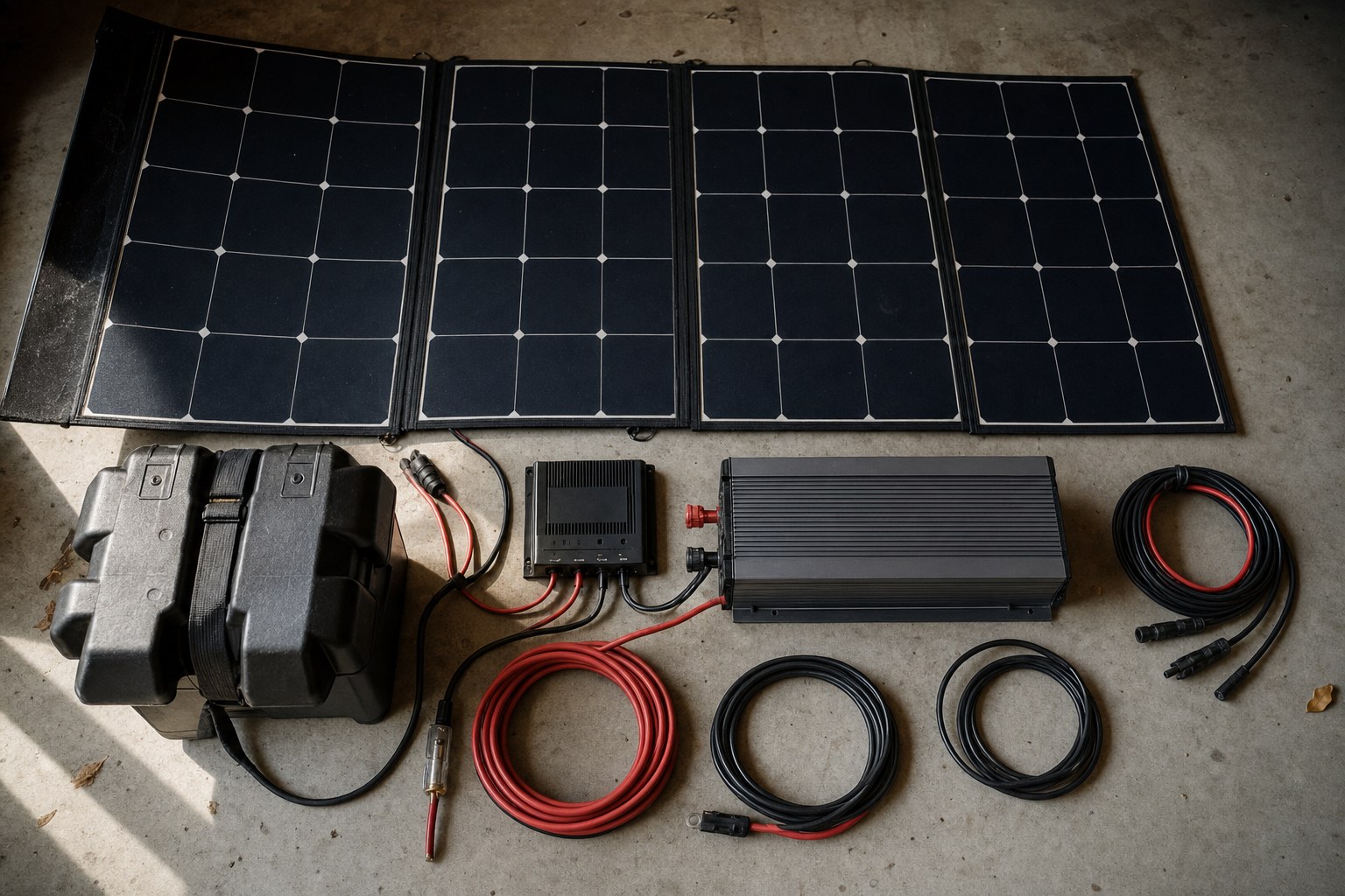 A complete off-grid solar kit laid out on a floor — folding panels, a battery, an inverter, a charge controller and cabling arranged in a neat parts spread.
