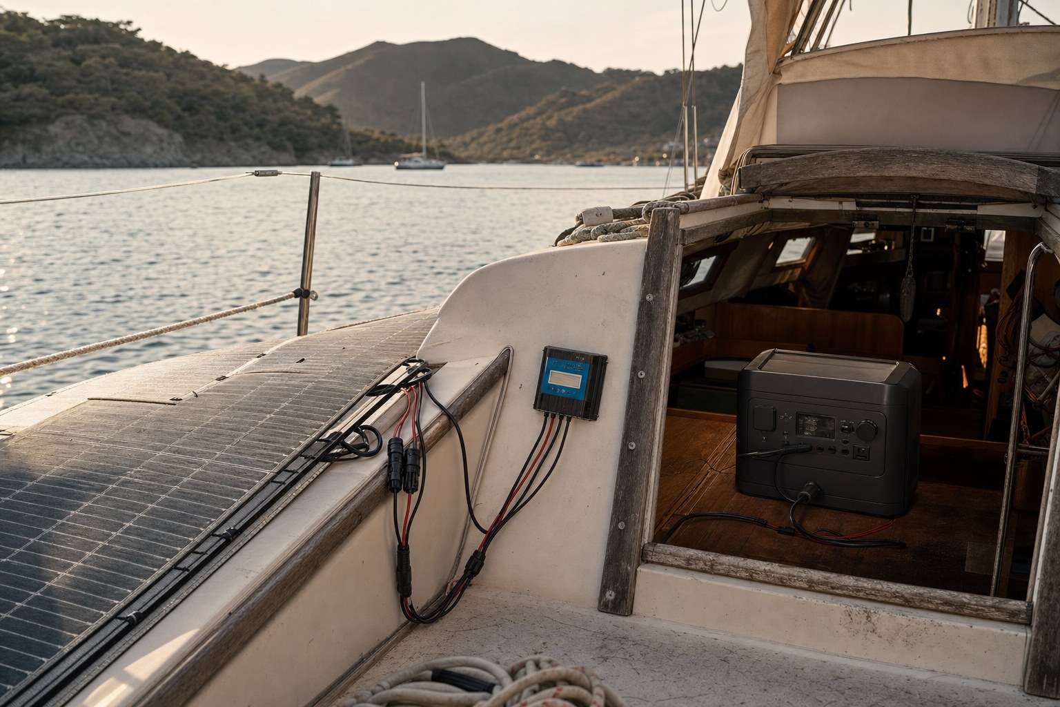 A sailboat cockpit at anchor with a flexible solar panel on deck and a power station in the cabin, moored boats on the water behind.