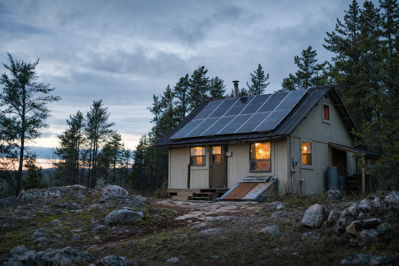 A remote off-grid cabin at dusk with a roof-mounted solar panel array and warm light glowing in the windows.