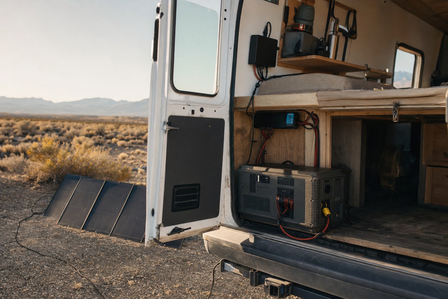 A campervan parked in the backcountry with its rear doors open, a folding solar panel on the ground and a power station with wiring inside.
