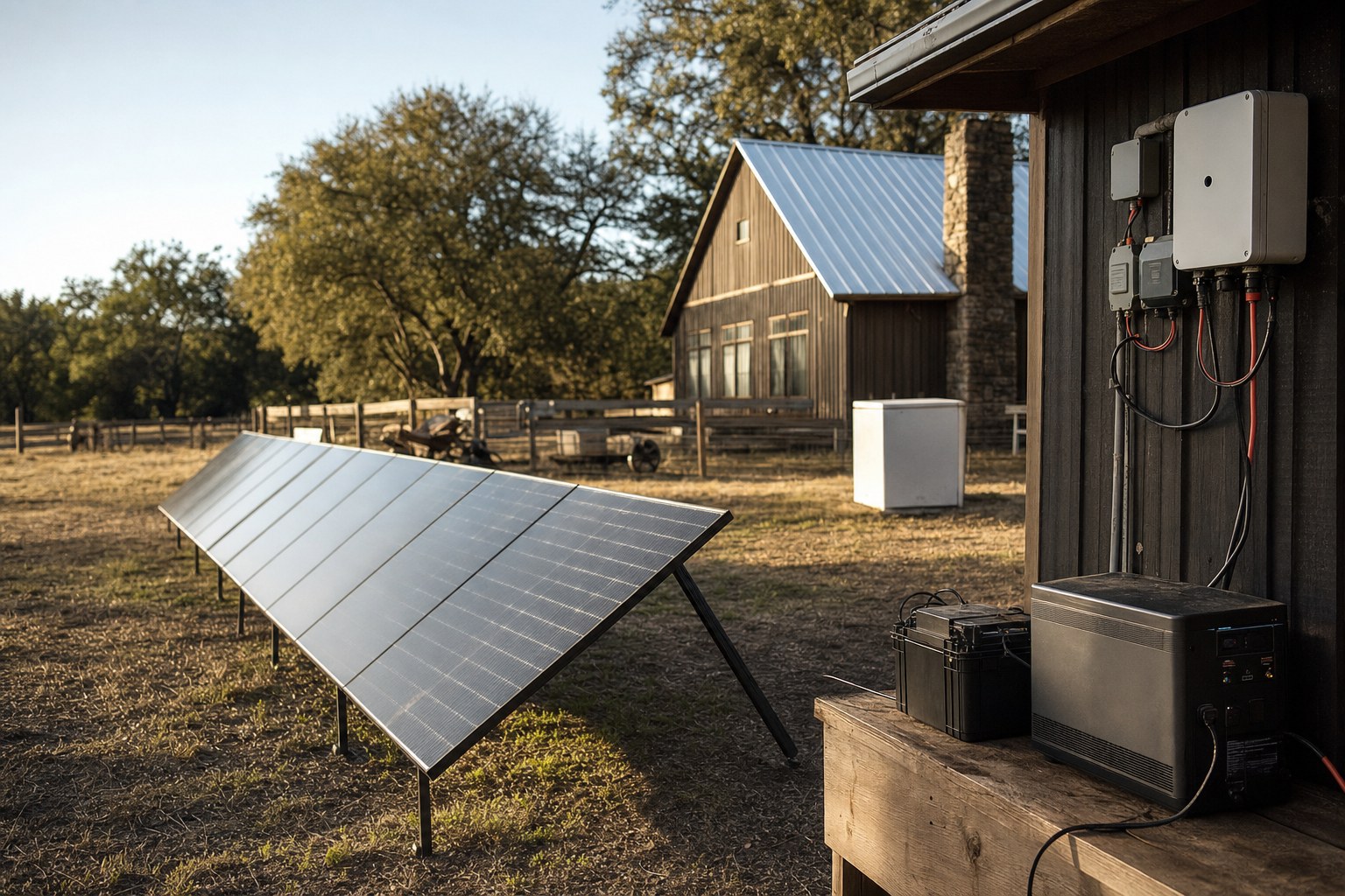 A homestead yard with a ground-mounted solar panel array, a barn behind, and a charge controller and power station on a post.