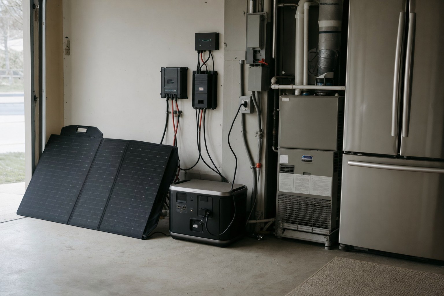 A home utility area during an outage, with a folding solar panel and a power station beside a furnace and a refrigerator.
