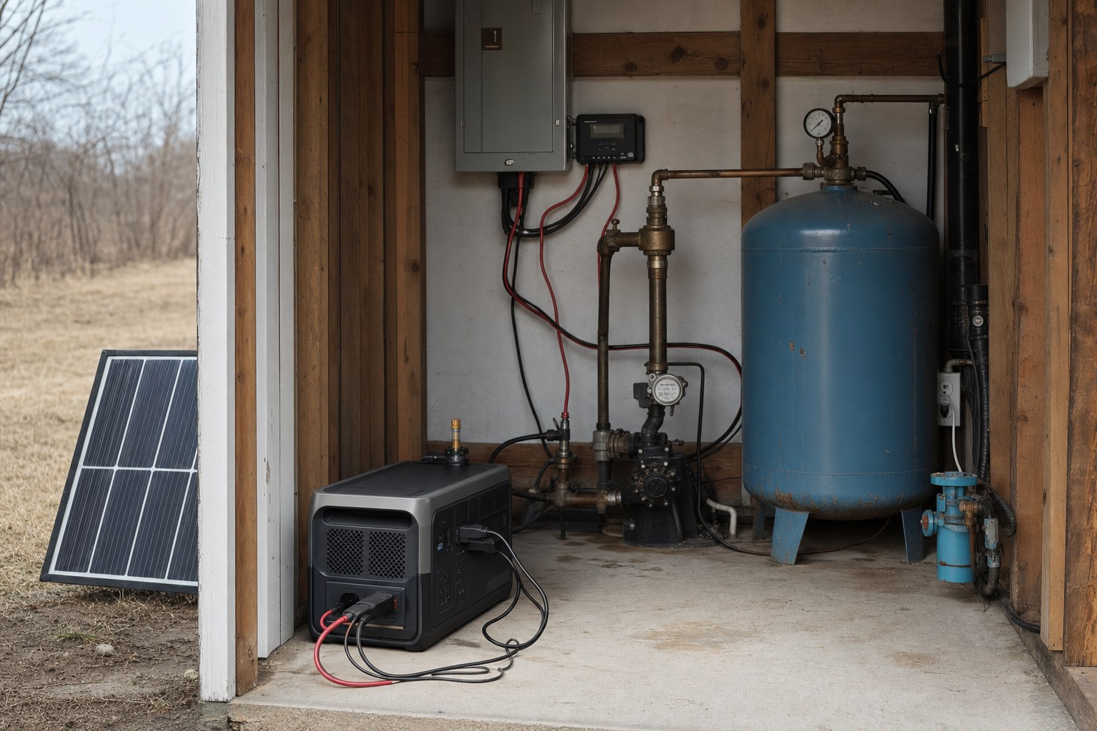 A portable power station and a solar panel in a homestead pump-house, wired to a well pump and a steel pressure tank, with a charge controller mounted on the wall.