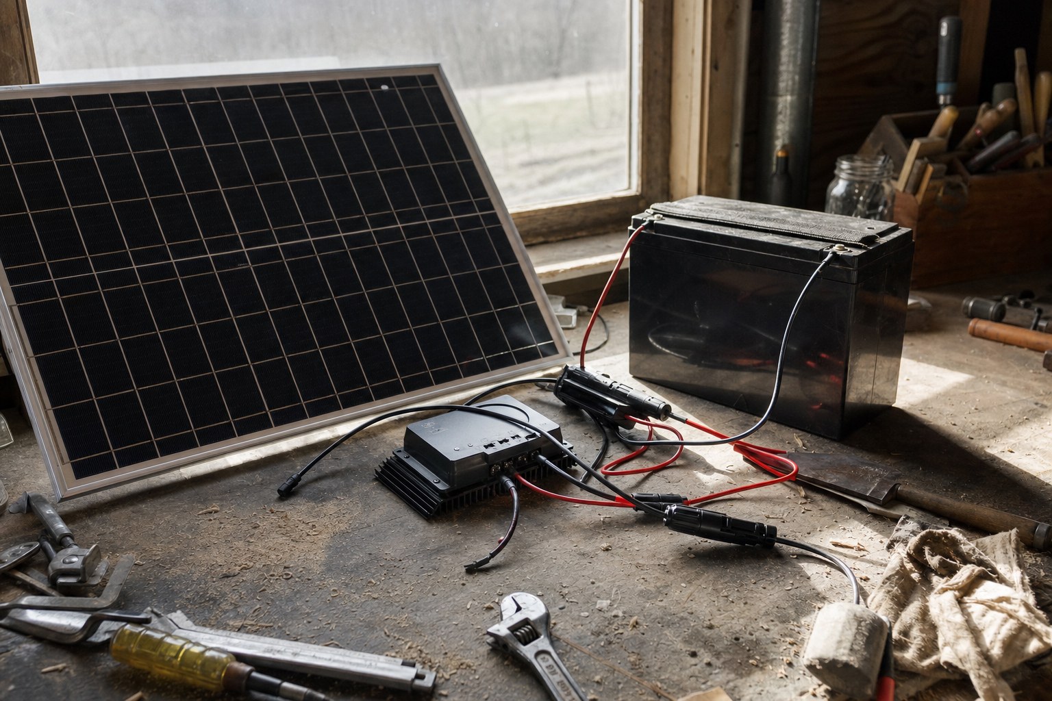 A workshop bench with a solar panel, a charge controller, a battery and hand tools connected with cabling.