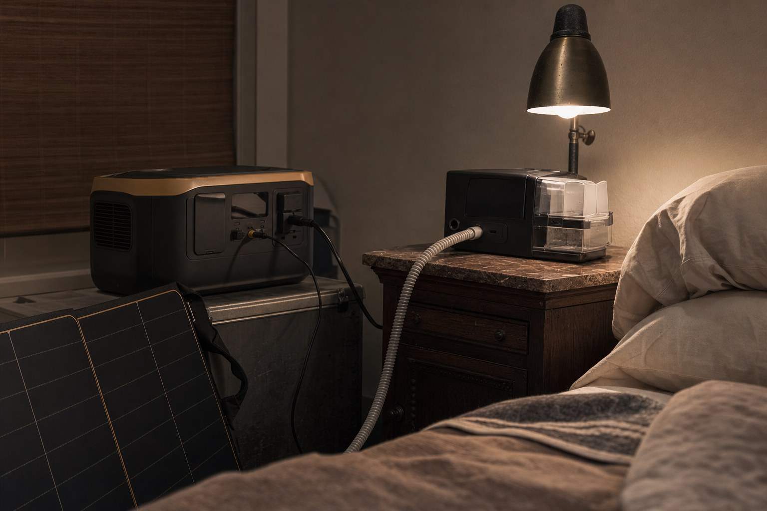 A dim bedroom at night with a power station and a solar panel on the floor powering a CPAP machine on the nightstand.