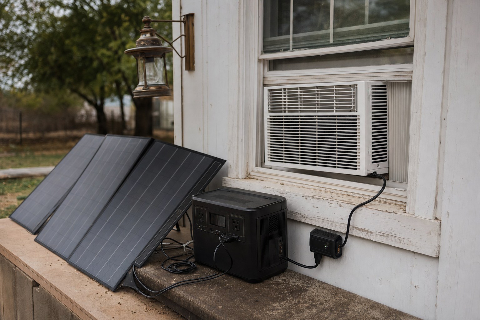 A window air-conditioner unit beside a solar panel and a power station on a porch, with a connecting cable.