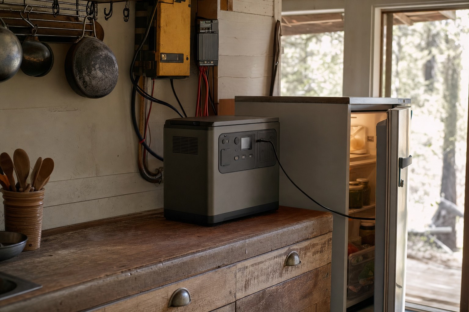 A portable off-grid power station on a weathered cabin kitchen counter, a cable running to an open refrigerator with a lit interior, a wall-mounted charge controller and wiring above.
