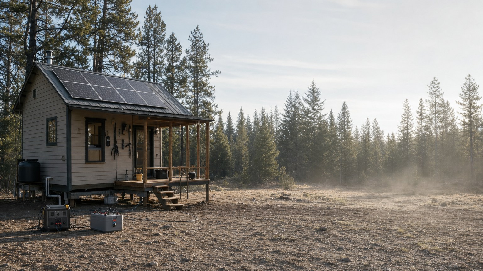 An off-grid cabin with a roof-mounted solar panel array in a forest clearing at first light.