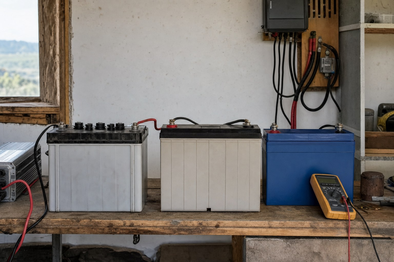 Lead-acid, AGM and LiFePO4 deep-cycle batteries lined up on a workbench with their terminals and a battery tester.