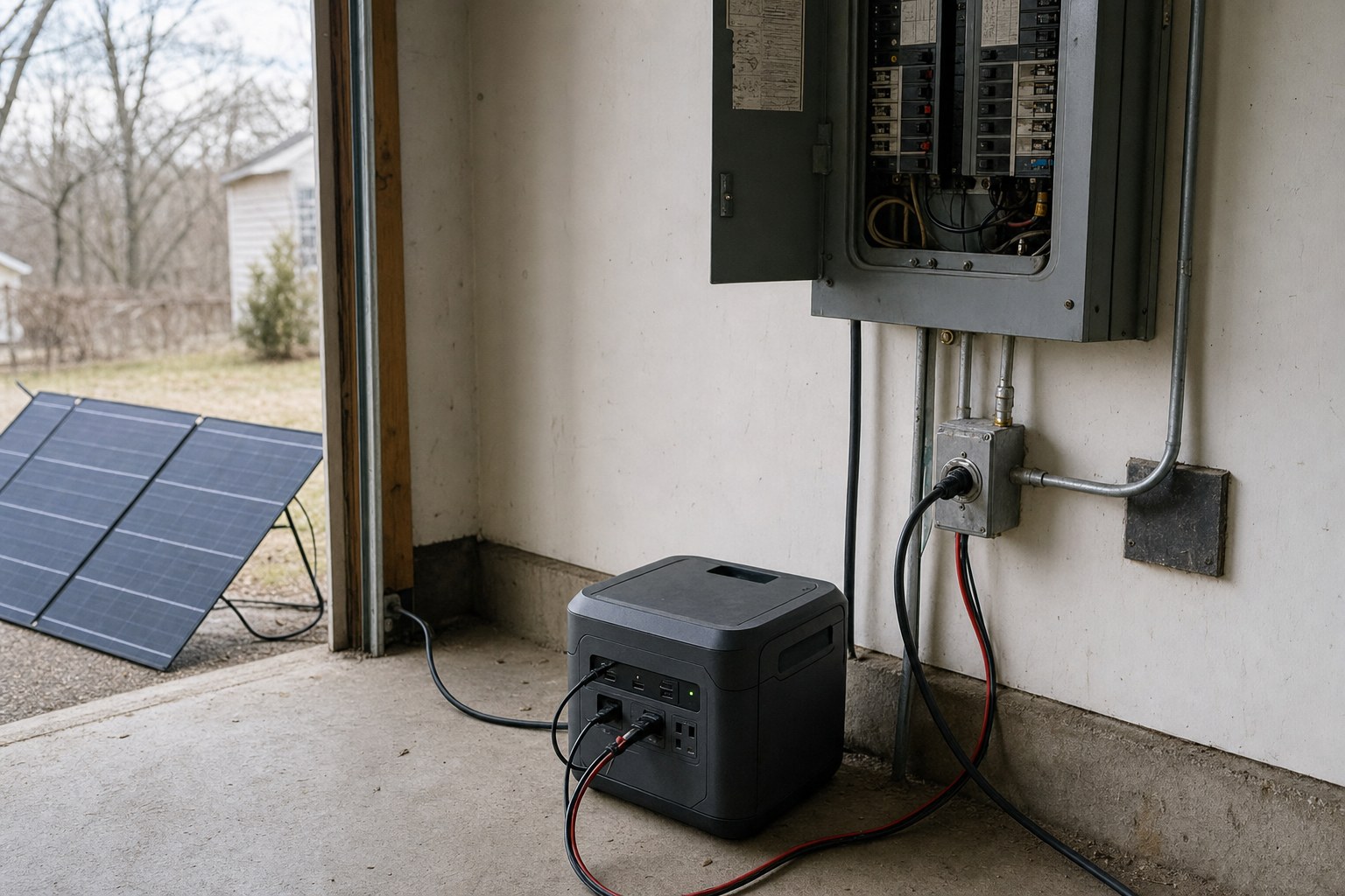 A portable power station and a folding solar panel set up beside a residential breaker panel during an outage.