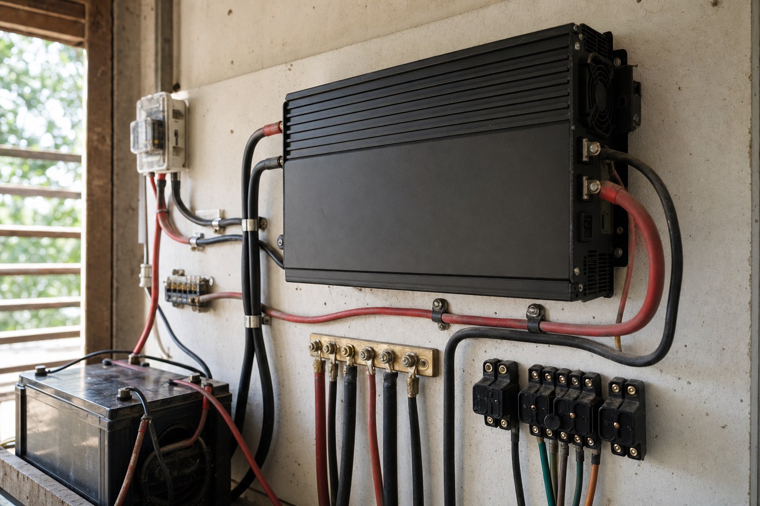 A pure sine wave inverter mounted on a wall with DC and AC wiring and terminal blocks.