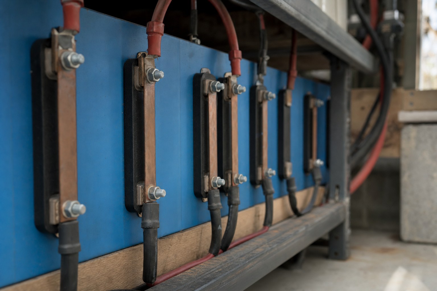 Stacked blue LiFePO4 battery modules on a shelf with busbars and terminal connections.