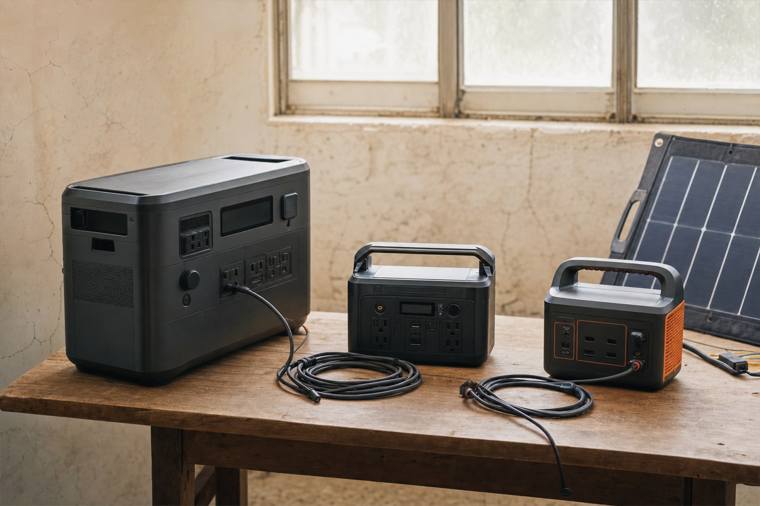 Two portable power stations of different sizes on a table with cables coiled neatly.