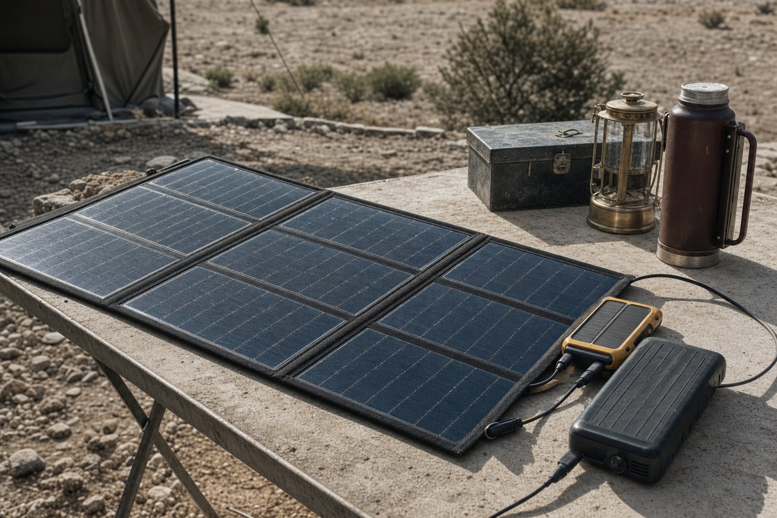 A folding portable solar panel unfolded in sunlight with a small charger topping up a battery pack.