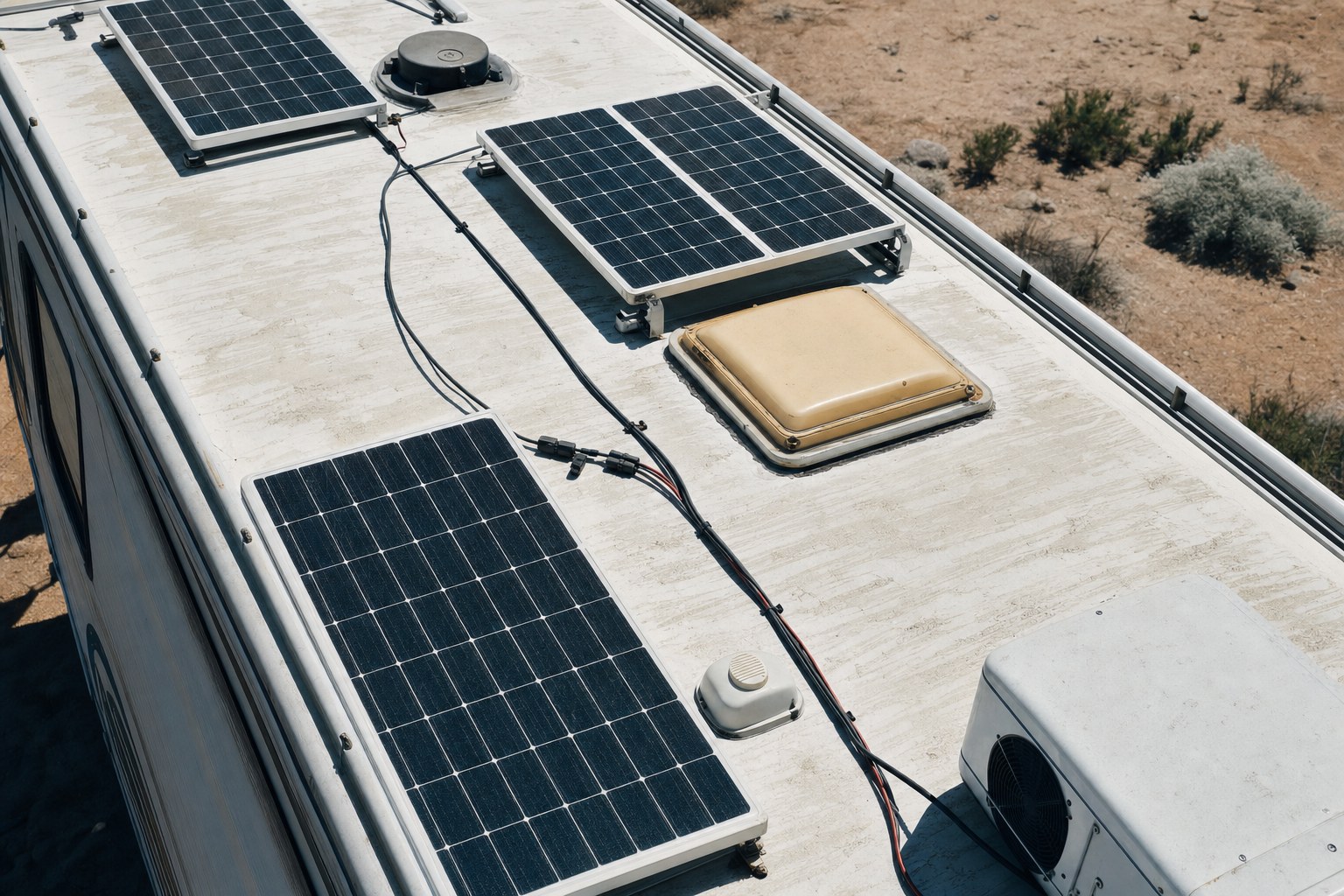 Roof-mounted solar panels and cabling seen from above on an RV roof.
