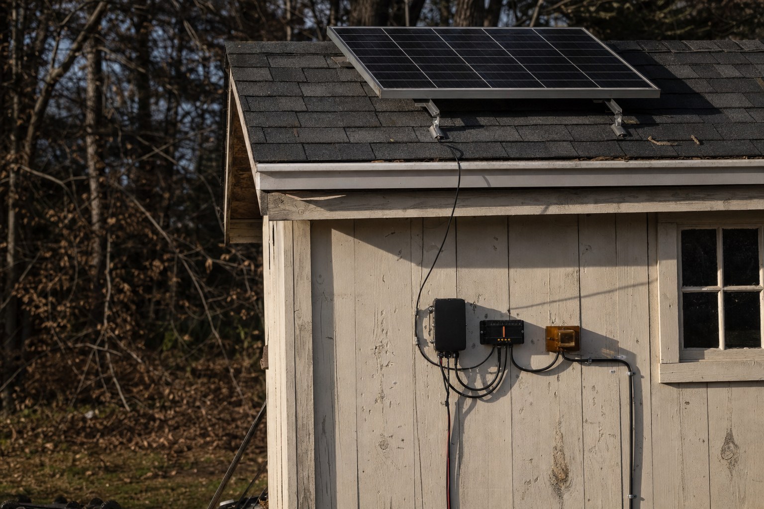 A small solar panel mounted on the roof of a weathered garden shed with a cable running to the wall.
