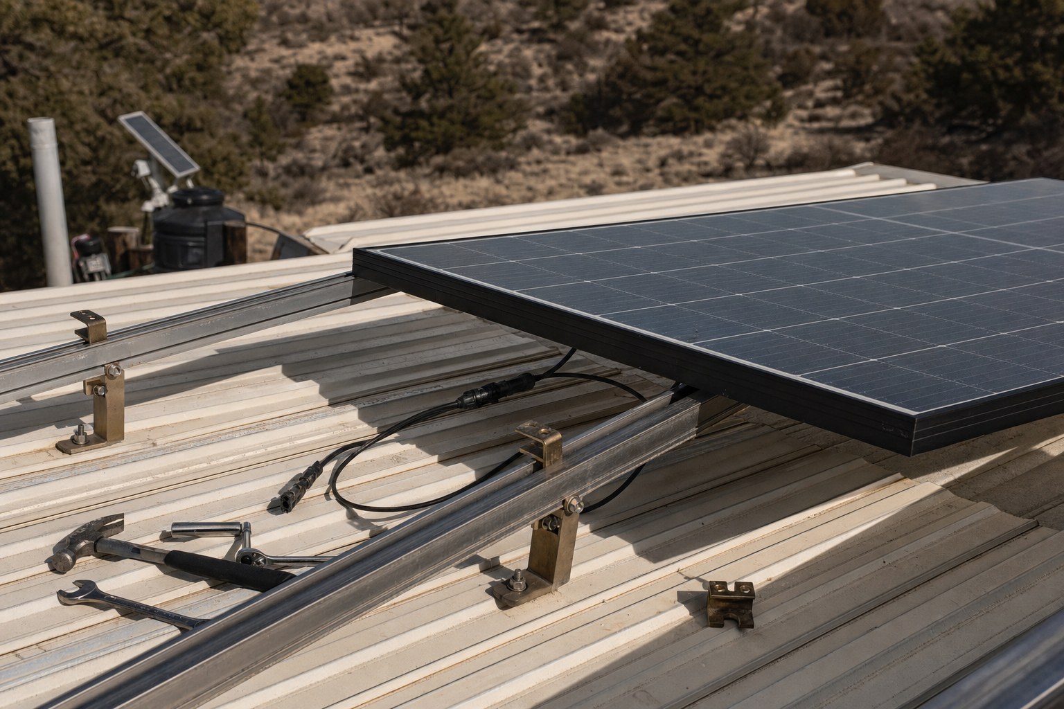 A solar panel being set onto mounting rails on a roof, with hand tools laid out and no people present.