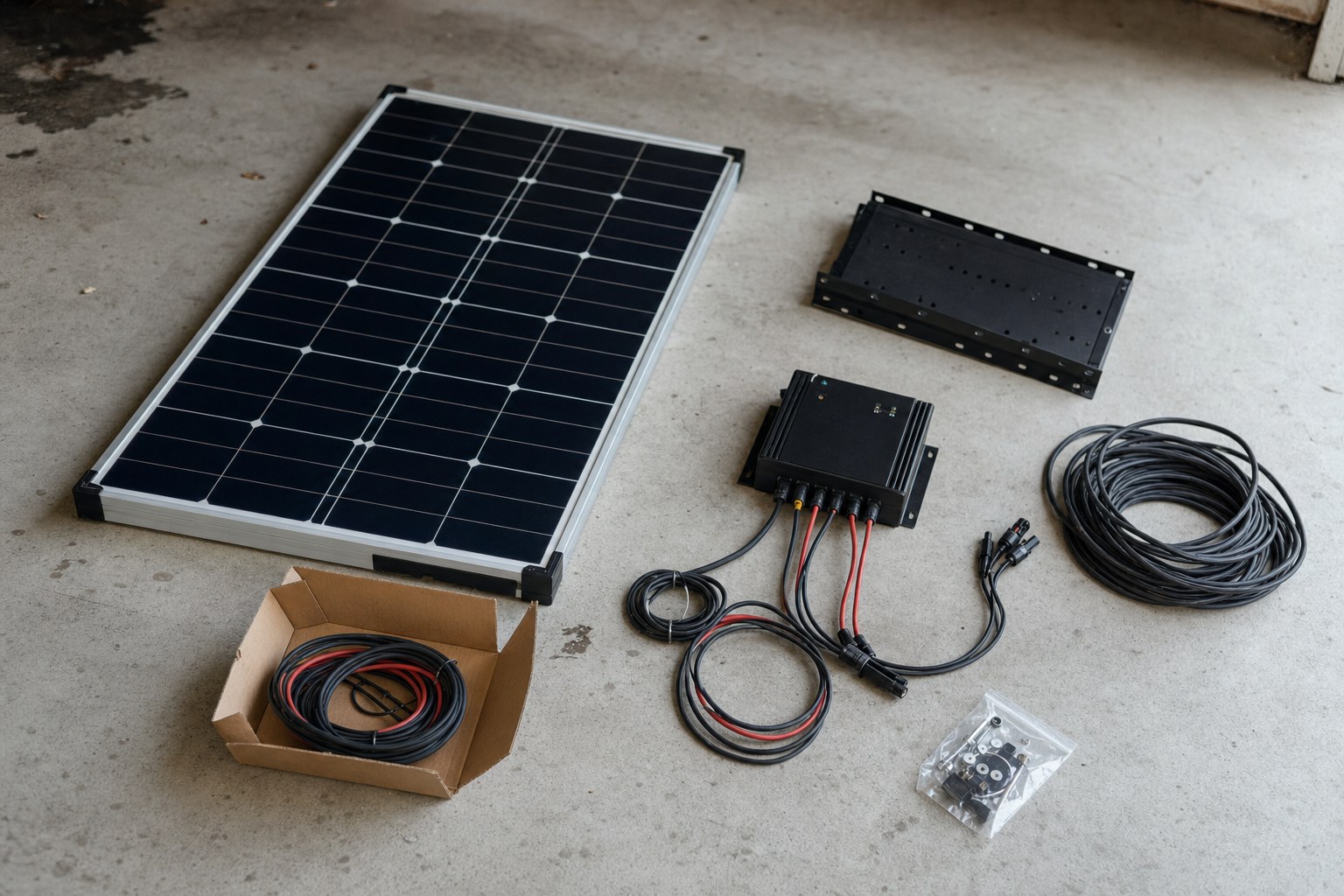 A complete solar kit bundle partly unboxed on a garage floor — panels, a charge controller and coiled cabling.