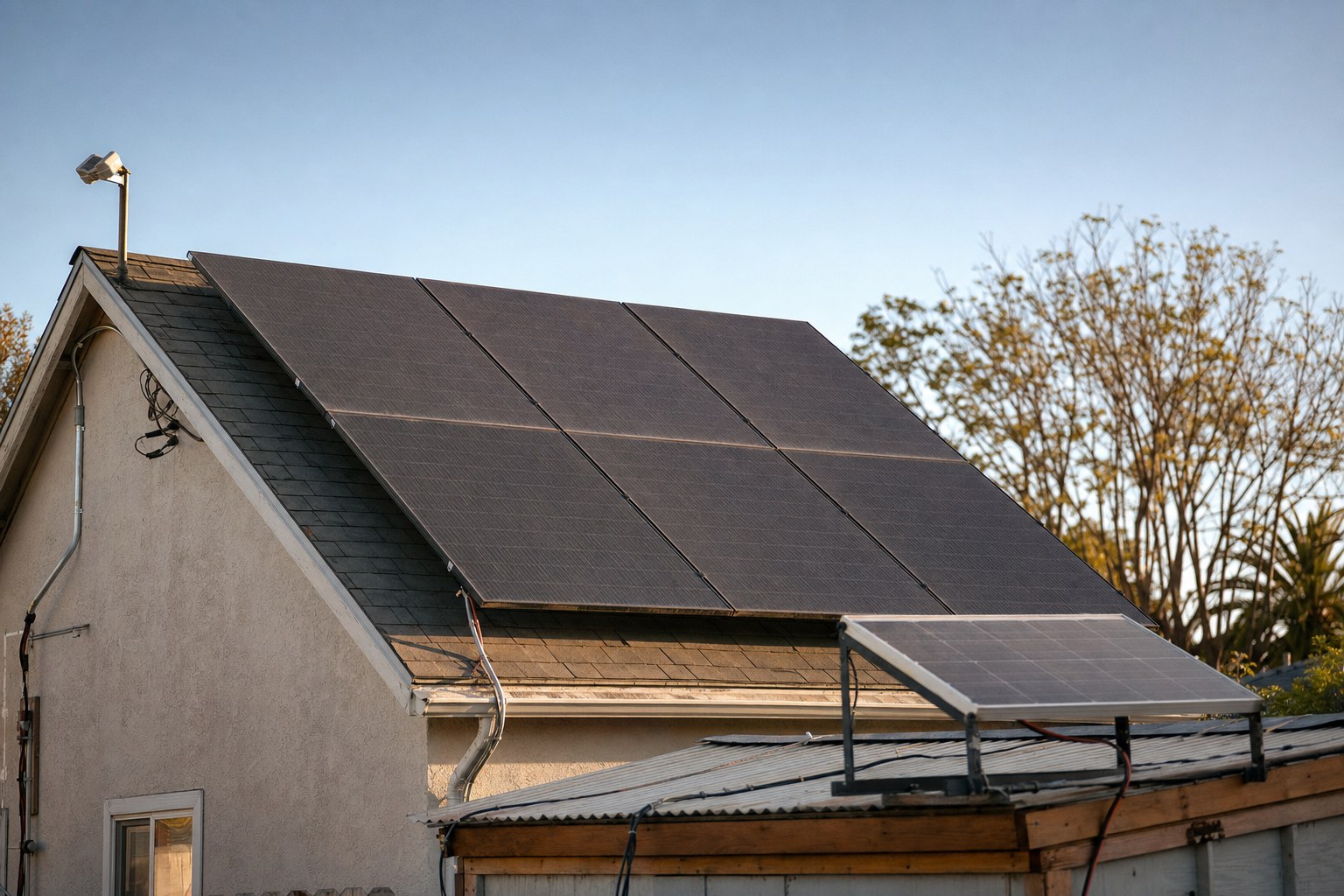 A residential house roof covered with solar panels against the sky at golden hour.