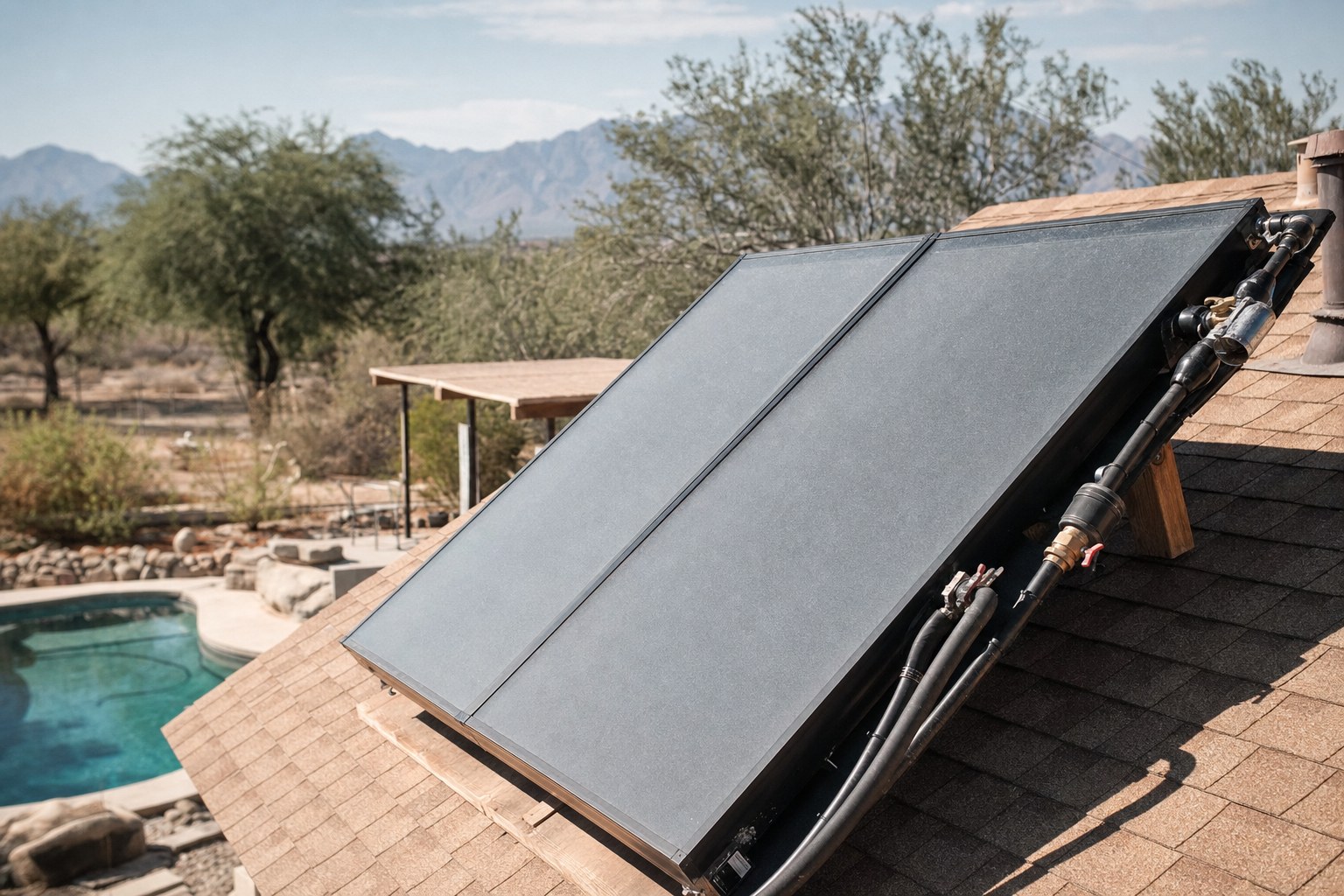 Solar water-heating collector panels mounted on a roof above a backyard pool.